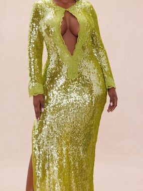 Fashion Nova Lime Green Sequin Plunge Maxi Dress